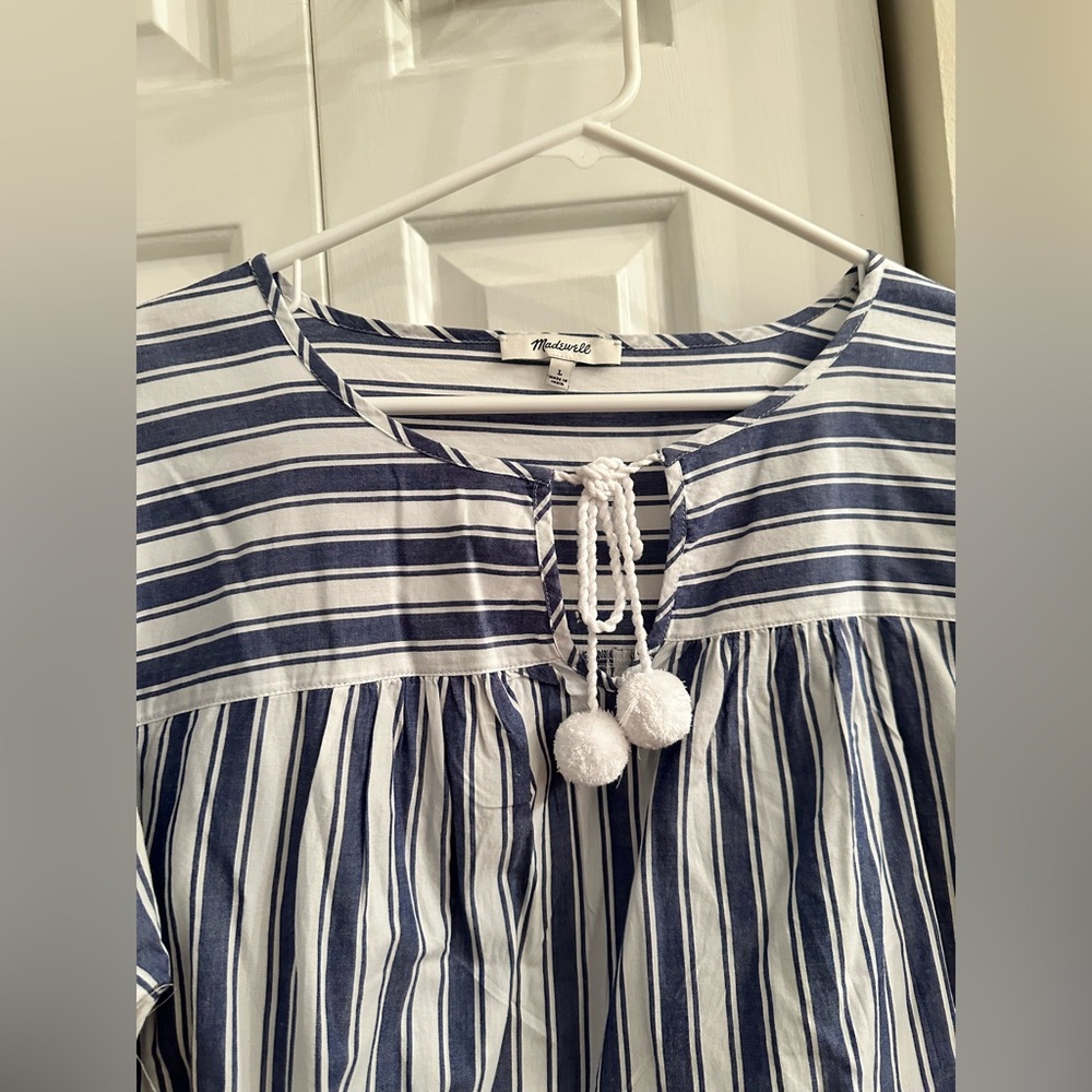 Madewell 100% Cotton Striped Pom-Pom Tassel Blouse - Size L. - Picture 6 of 10